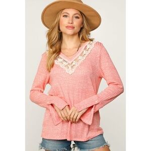 Lace-Trim V-Neck Ribbed Top - Coral Pink